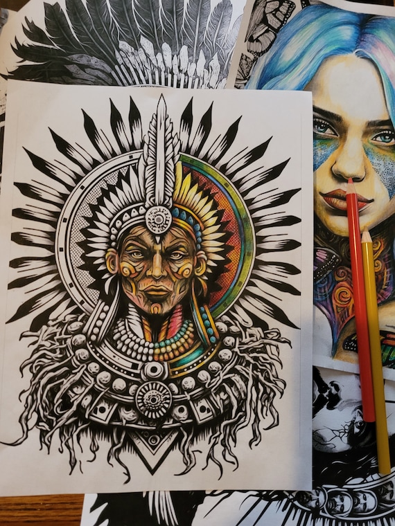 Female aztec queen coloring page adult coloring sheet of the face of a mexica goddess chicano cultural icon instant digital download instant download