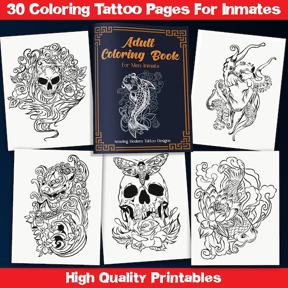 Libro para colorear para adultos de mejor valor para hombres reclusos descarga instantãnea de increãbles diseãos de tatuajes modernos con calaveras de azãºcar animales rosas y mãs