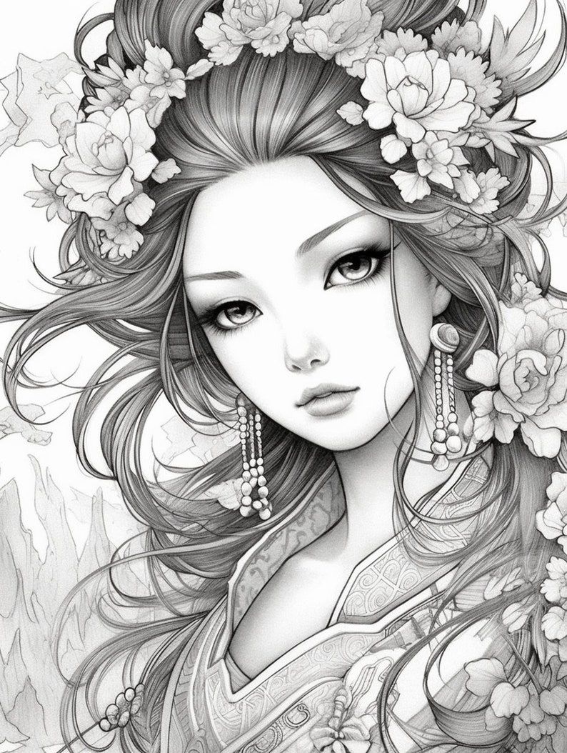 Beautiful women coloring book grayscale illustrations from adults and kids coloring pages instant download printable pdf bundle