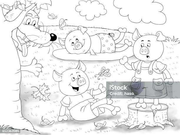 Three little pigs fairy tale coloring page cute and funny cartoon characters