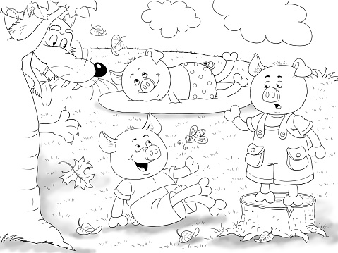 Three little pigs fairy tale coloring page cute and funny cartoon characters