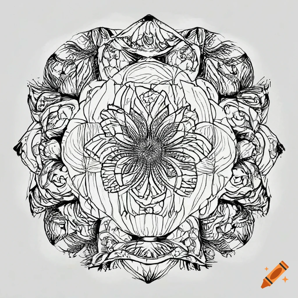 Black and white coloring page of a lotus flower plant in a circle like a wreath with palm leaves on
