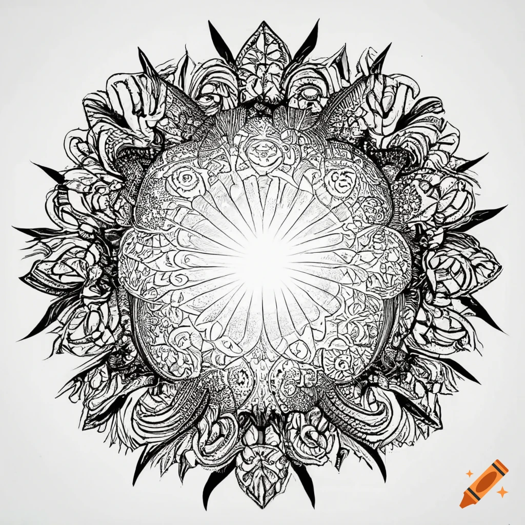 Black and white coloring page of a lotus flower plant in a circle like a wreath with palm leaves on