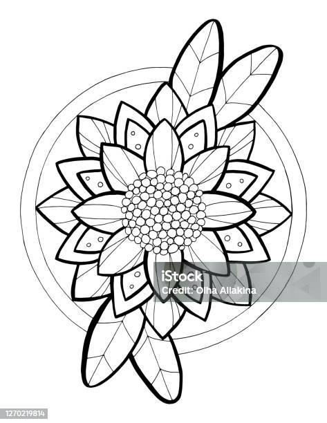 Outline vector lotus with leaves in a circle doodle coloring book or tattoo isolated on a white background stock illustration