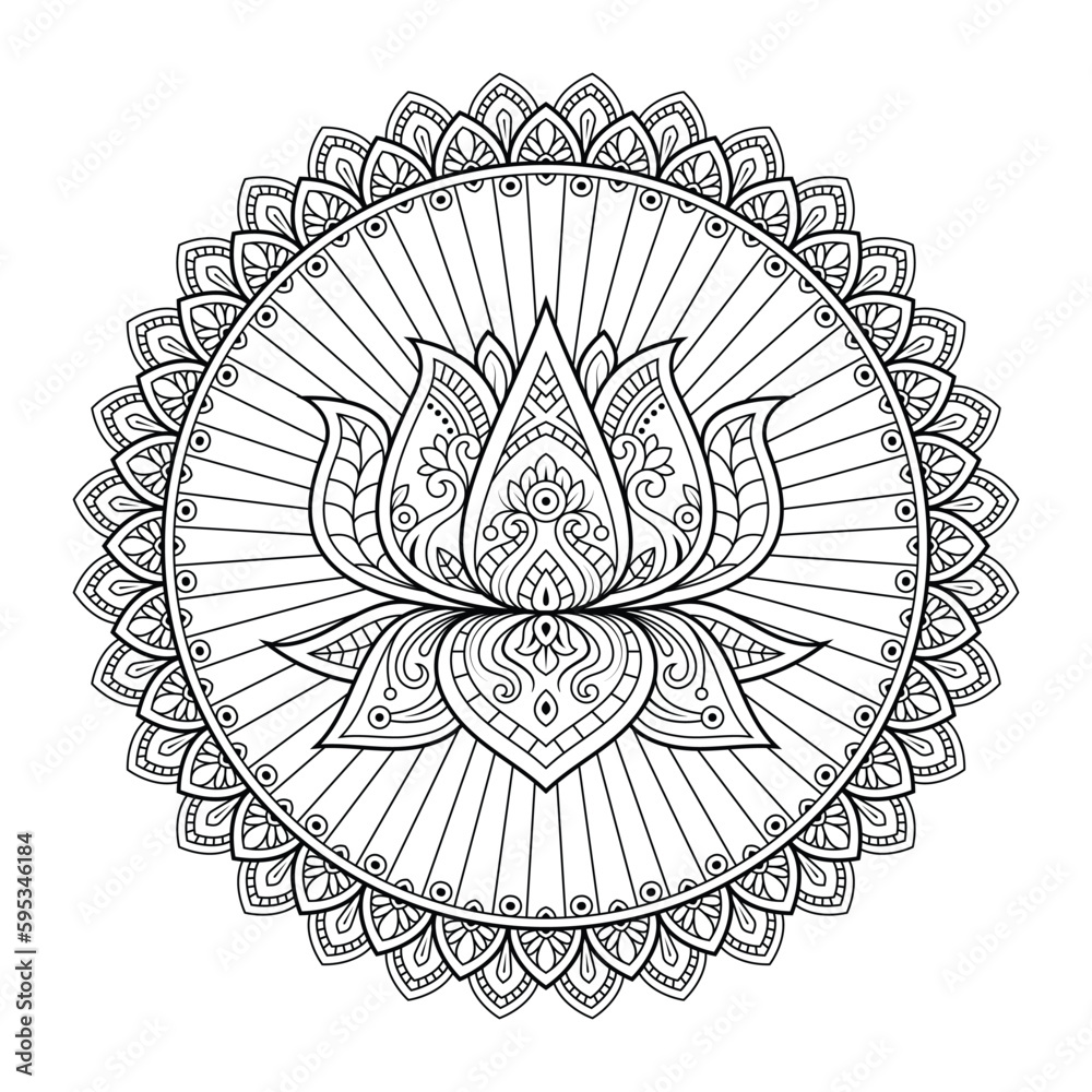 Lotus mandala illustration with circular mandala border for decoration print textile and coloring pages vector