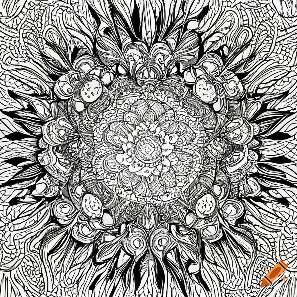 Black and white coloring page of a lotus flower plant in a circle like a wreath with palm leaves on