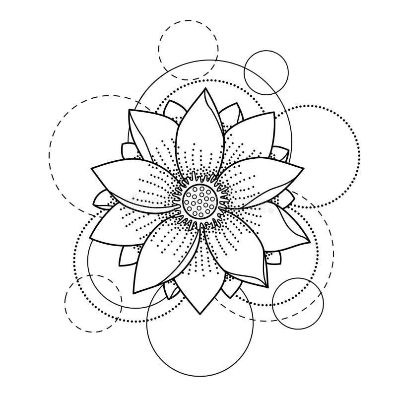 Tattoo with lotus and circles on white background stock vector
