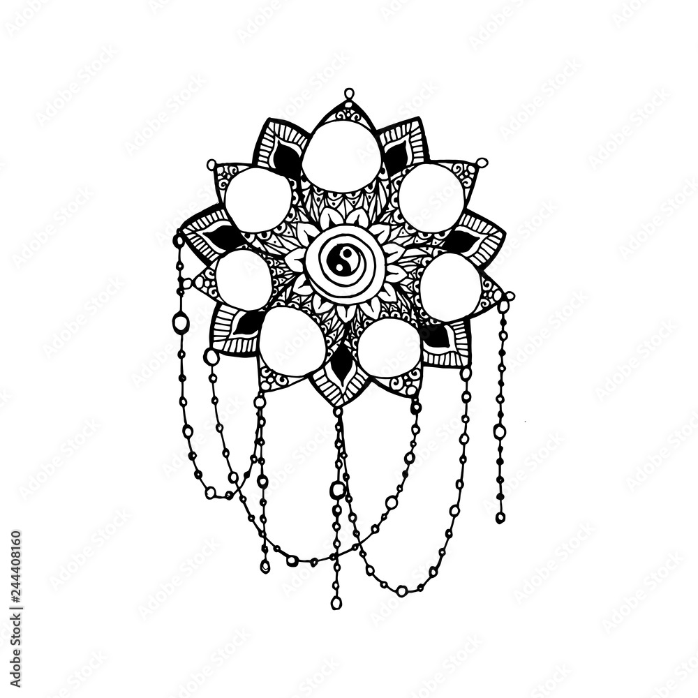 Doodle style monochrome black line art lotus with circles for your design vector tempate for logo design or adult coloring pages vector