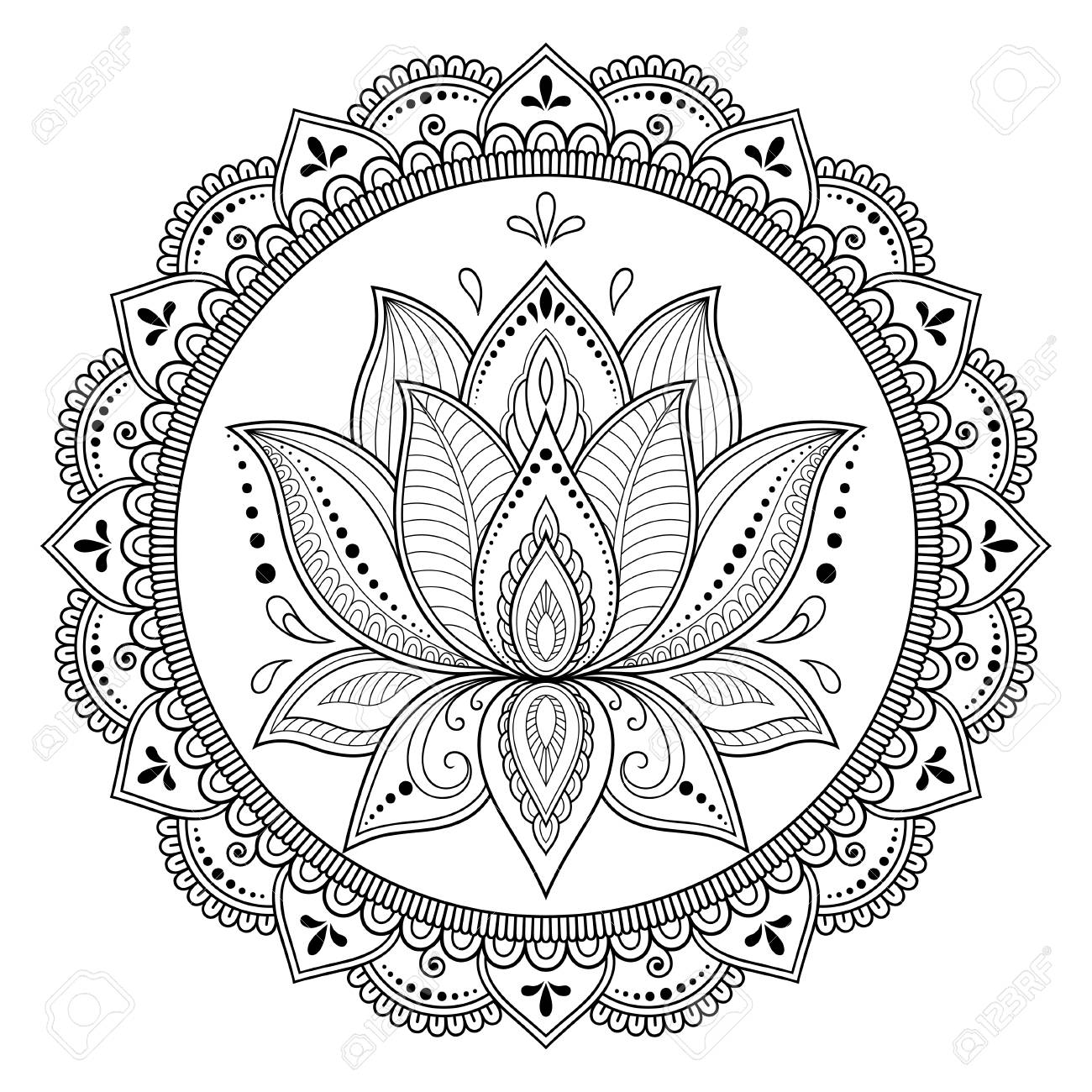 Circular pattern in form of mandala with lotus flower for henna mehndi tattoo decoration decorative ornament in ethnic oriental style coloring book page royalty free svg cliparts vectors and stock illustration image