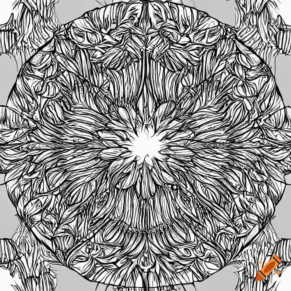 Black and white coloring page of a lotus flower plant in a circle like a wreath with palm leaves