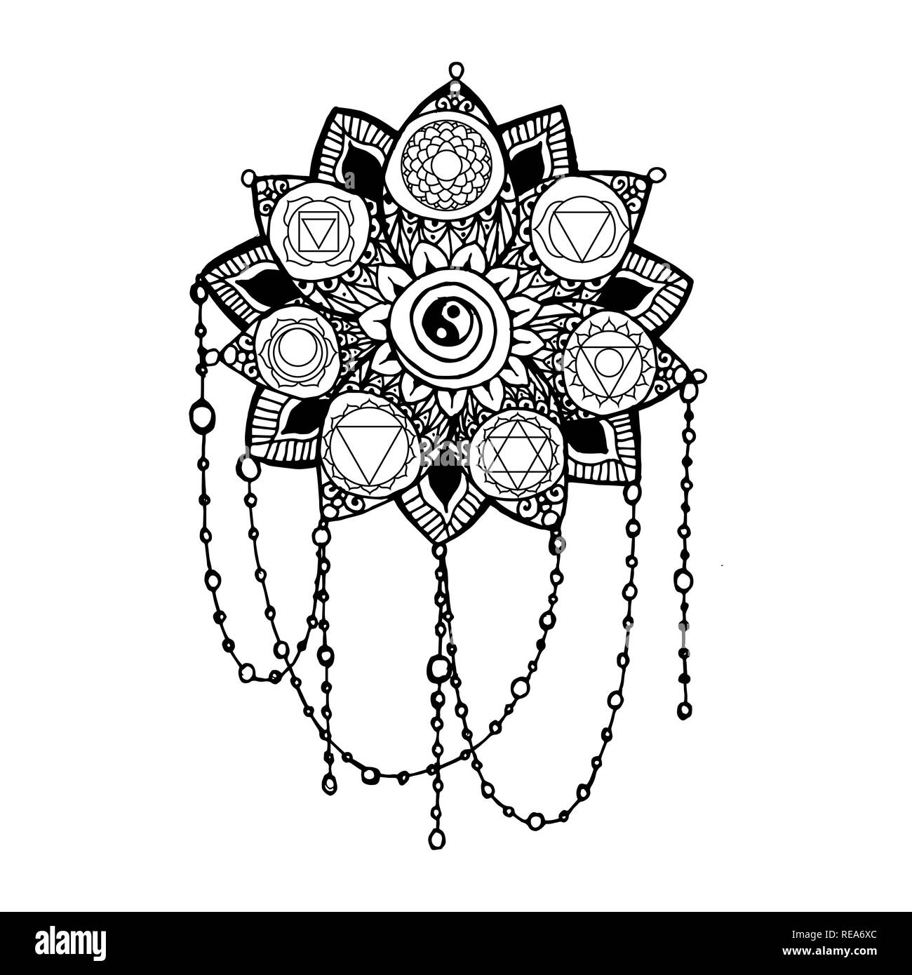 Doodle style monochrome black line art lotus with yoga chakras pictogram vector illustration for print design adult coloring page template stock vector image art