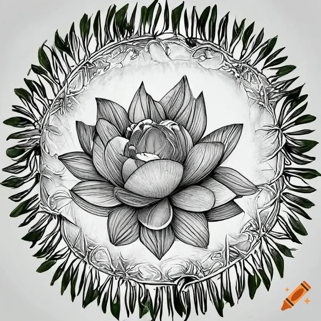 Black and white coloring page of a lotus flower plant in a circle like a wreath with palm leaves on