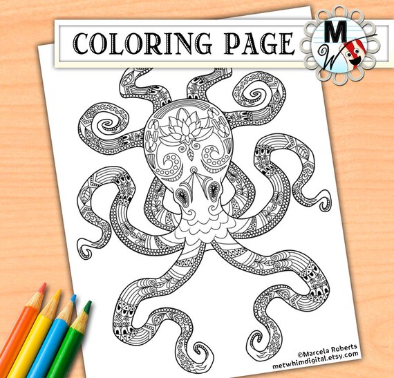 Octopus coloring page nautical lotus flower sea life coloring page instant digital download of printable coloring page for kids adults