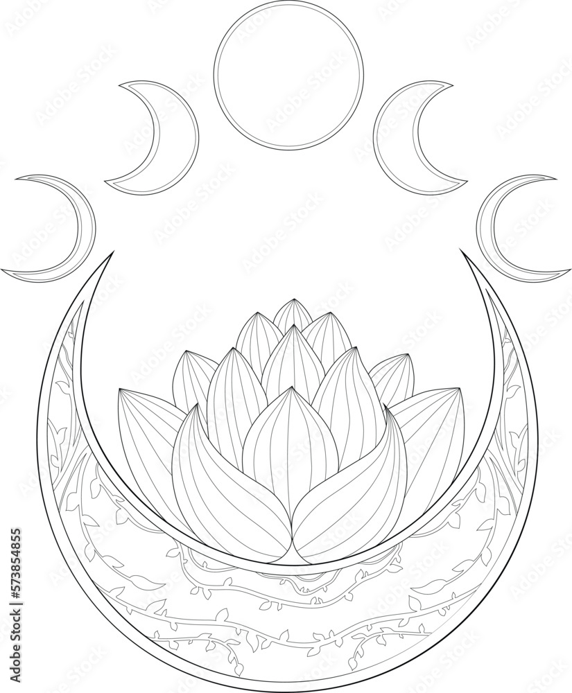 Wiccan crescent mystical moon and lotus flower symbol sketch template cartoon graphic vector illustration in black and white for games childrens story book fairytail coloring paper page print vector