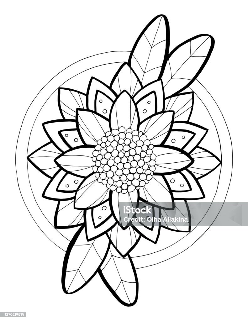 Outline vector lotus with leaves in a circle doodle coloring book or tattoo isolated on a white background stock illustration