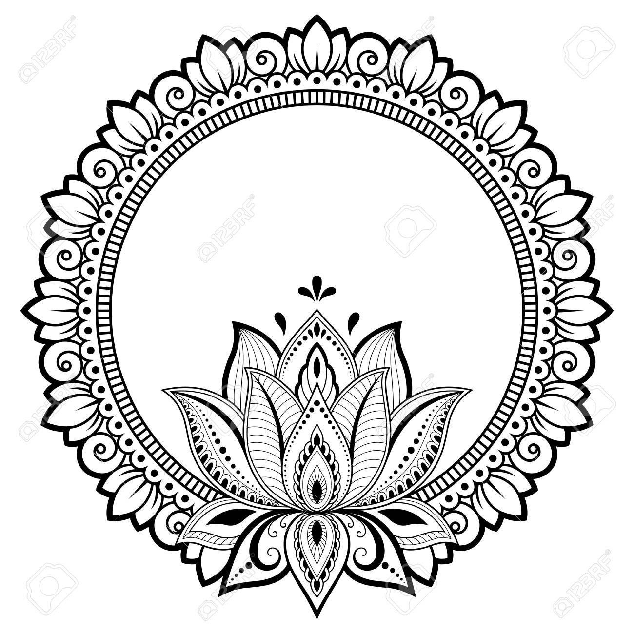 Circular pattern in form of mandala for henna mehndi tattoo decoration decorative frame with lotus flower ornament in ethnic oriental style coloring book page royalty free svg cliparts vectors and stock illustration