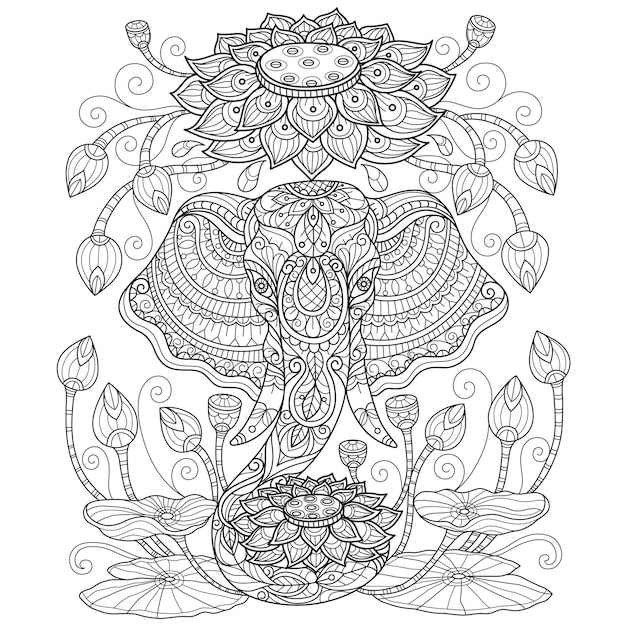 Premium vector elephant and lotus hand drawn for adult coloring book