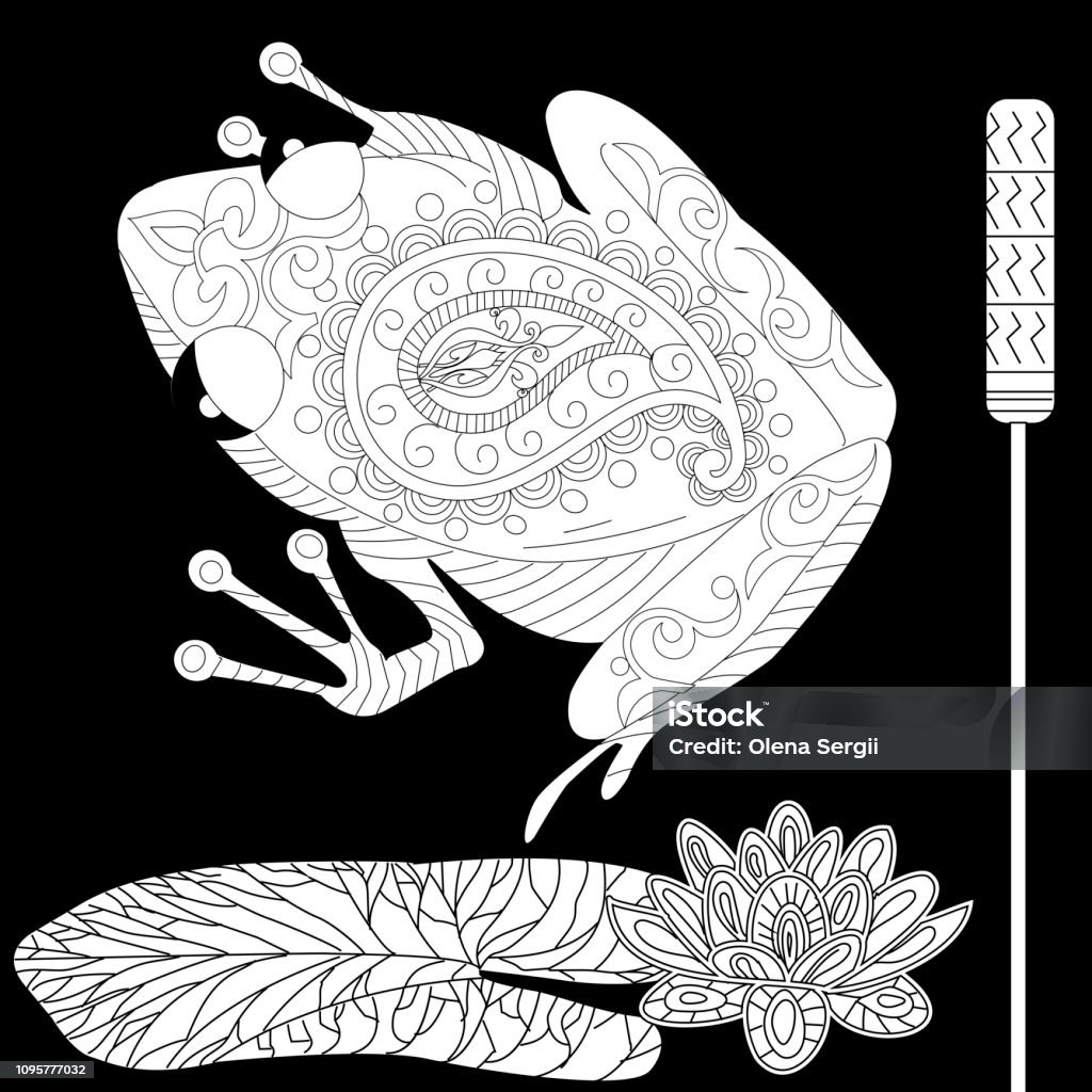 Coloring pages coloring book for adults colouring pictures with frog and lotus lily flowers antistress freehand sketch drawing with doodle and zentangle element stock illustration