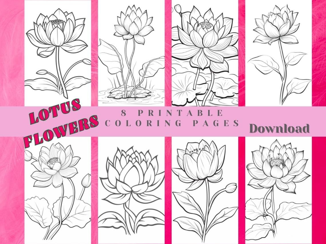 Lotus flower printable coloring pages stress relief for adults and teen instant digital downloads jpg and pdf files instant download