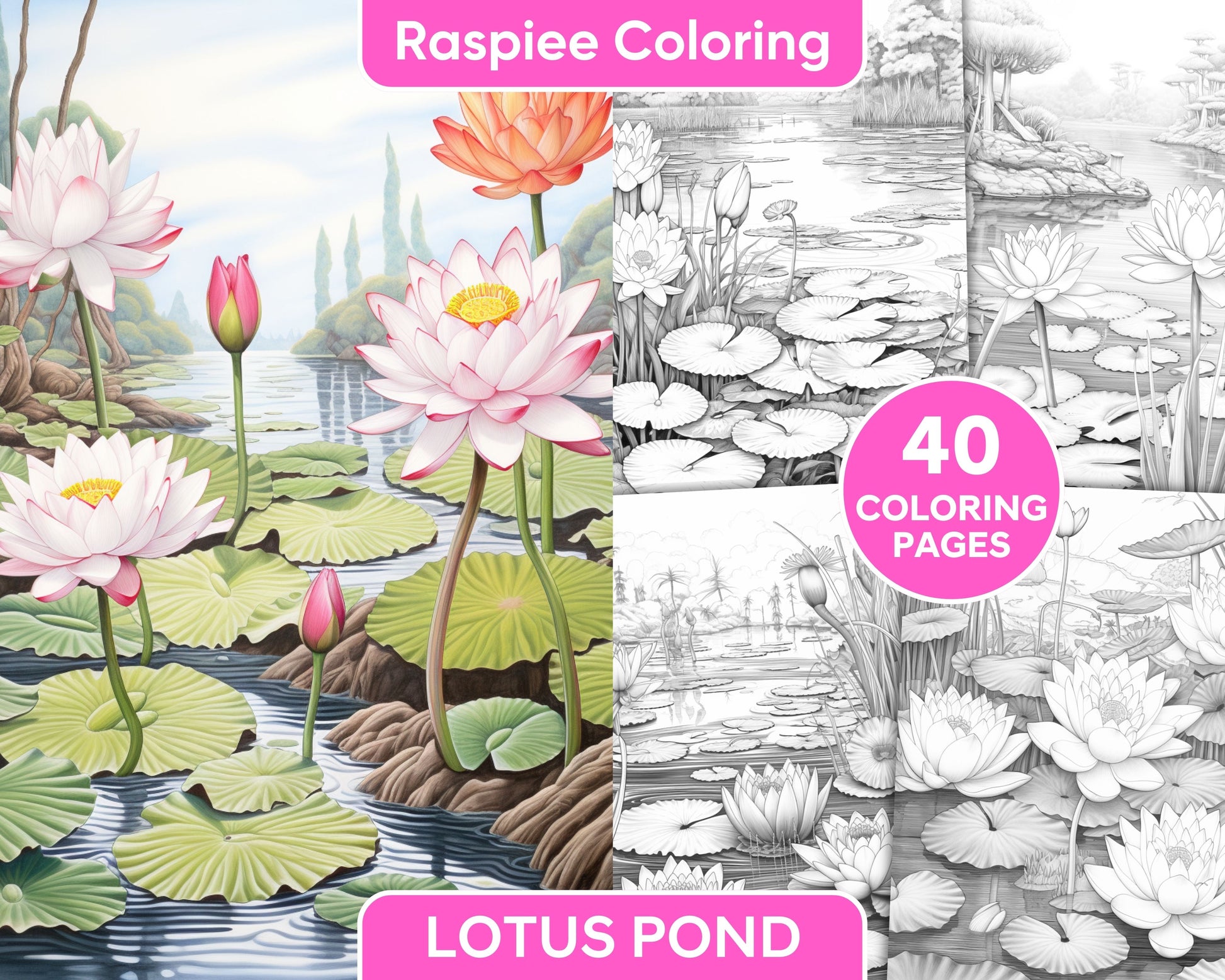 Lotus pond serenity grayscale adult coloring pages printable pdf i â coloring