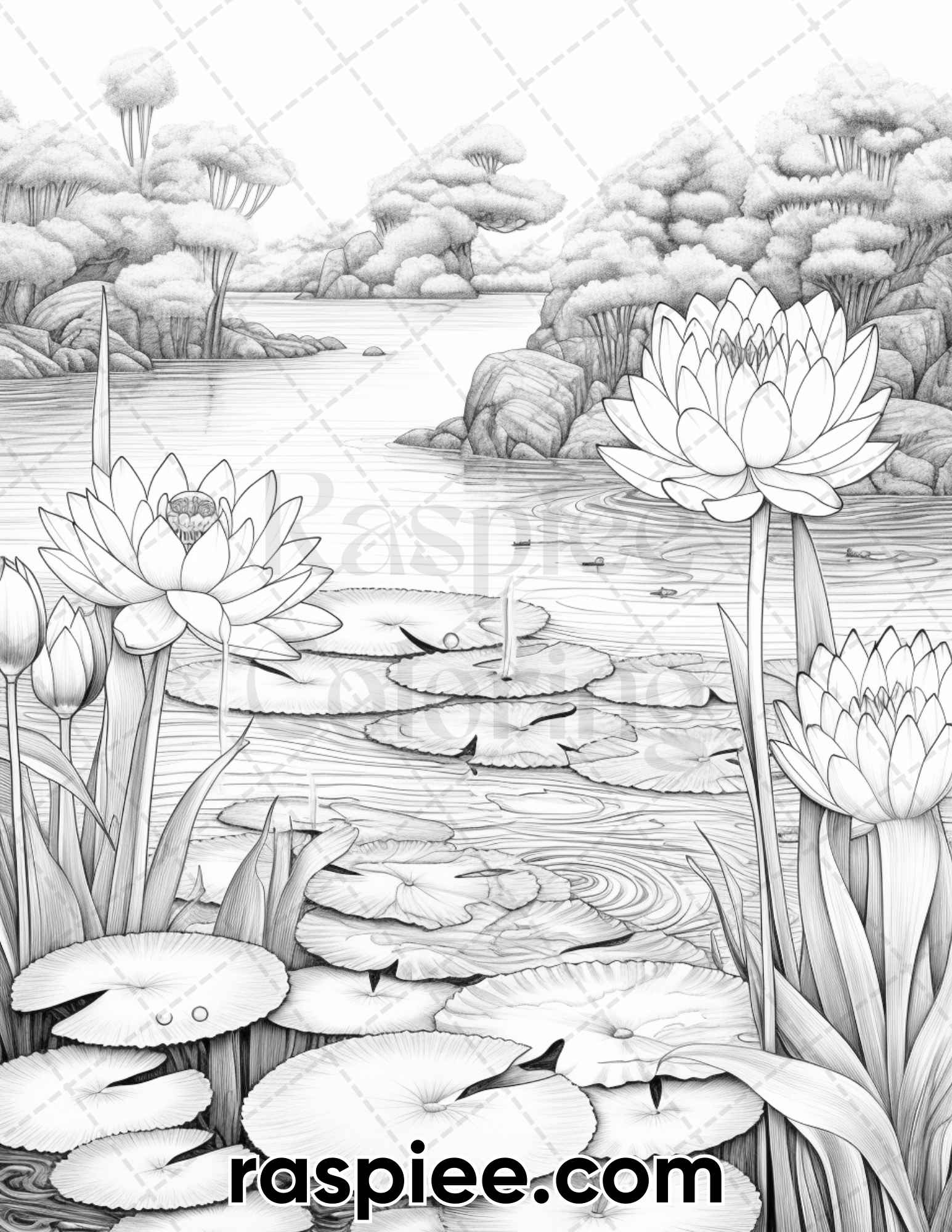 Lotus pond serenity grayscale adult coloring pages printable pdf i â coloring