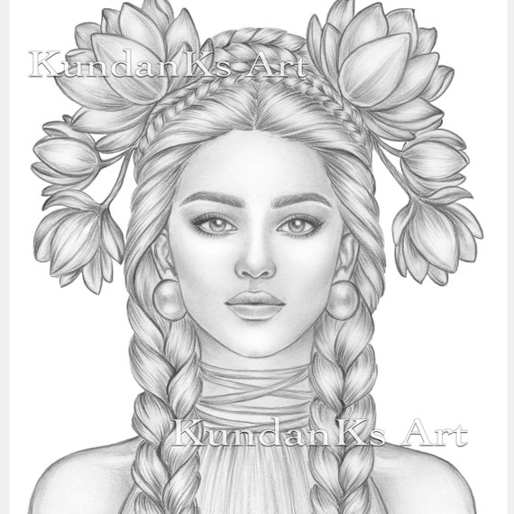 Lotus adult coloring page portrait coloring grayscale coloring instant download aa printable kundanks art download now