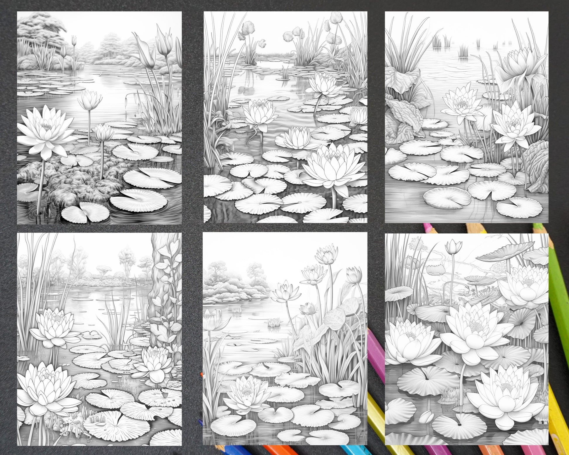 Lotus pond serenity grayscale adult coloring pages printable pdf i â coloring