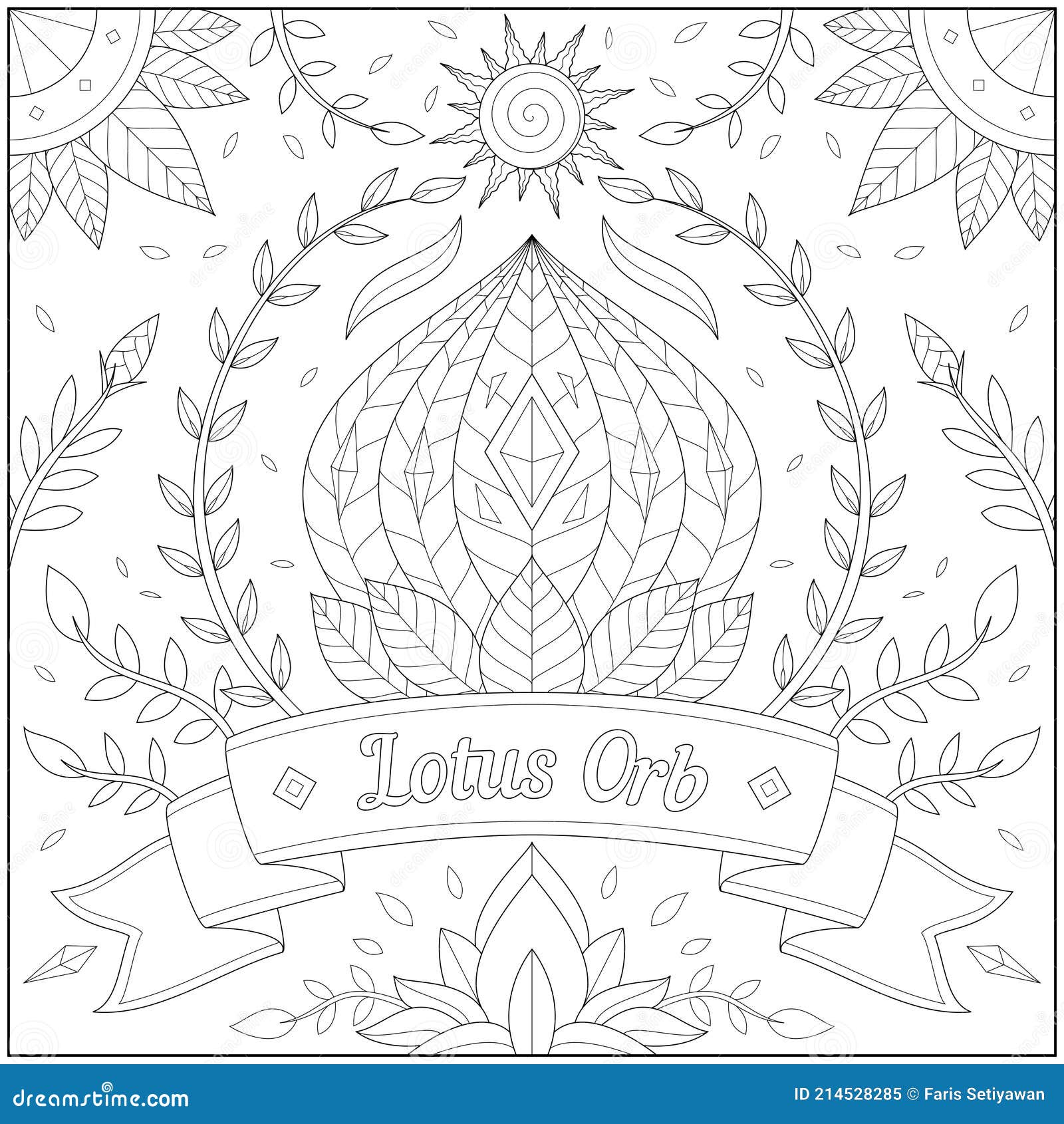 Fantasy lotus orb with sun and plant border and banner learning and education coloring page illustration for adults and children stock vector