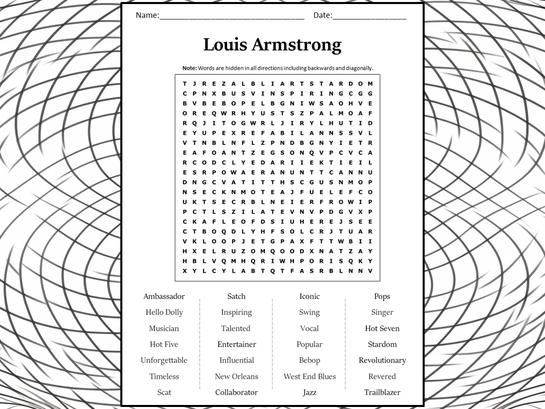 Louis armstrong word search puzzle worksheet activity teaching resources