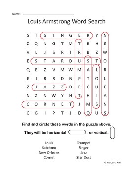 Louis armstrong biography coloring page and word search tpt