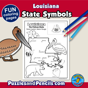 Louisiana symbols coloring pages with map and state flag state symbols