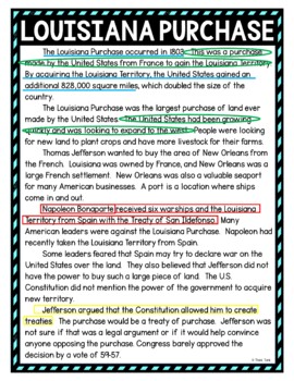 Louisiana purchase color by number reading passage and text marking