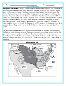 The louisiana purchase map worksheet with answer key by social studies sheets