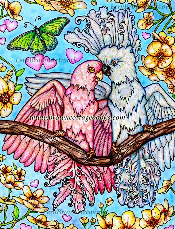 Bird coloring page instant download animals coloring printable line art love birds by fern brown hand