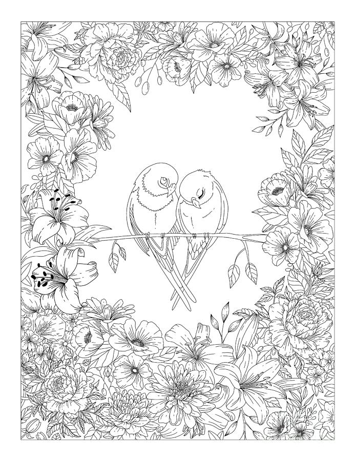 Lovebirds coloring page black and white wall art drawing by lisa brando