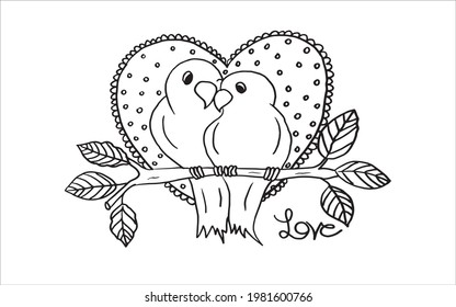 Love birds coloring pageflower coloring pagevector stock vector royalty free