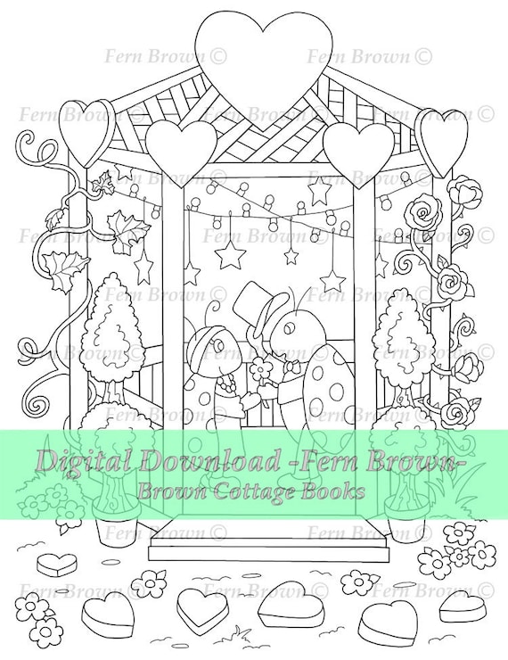 Bug coloring page instant download insects printable line art bugs in love romantic date by fern brown hand