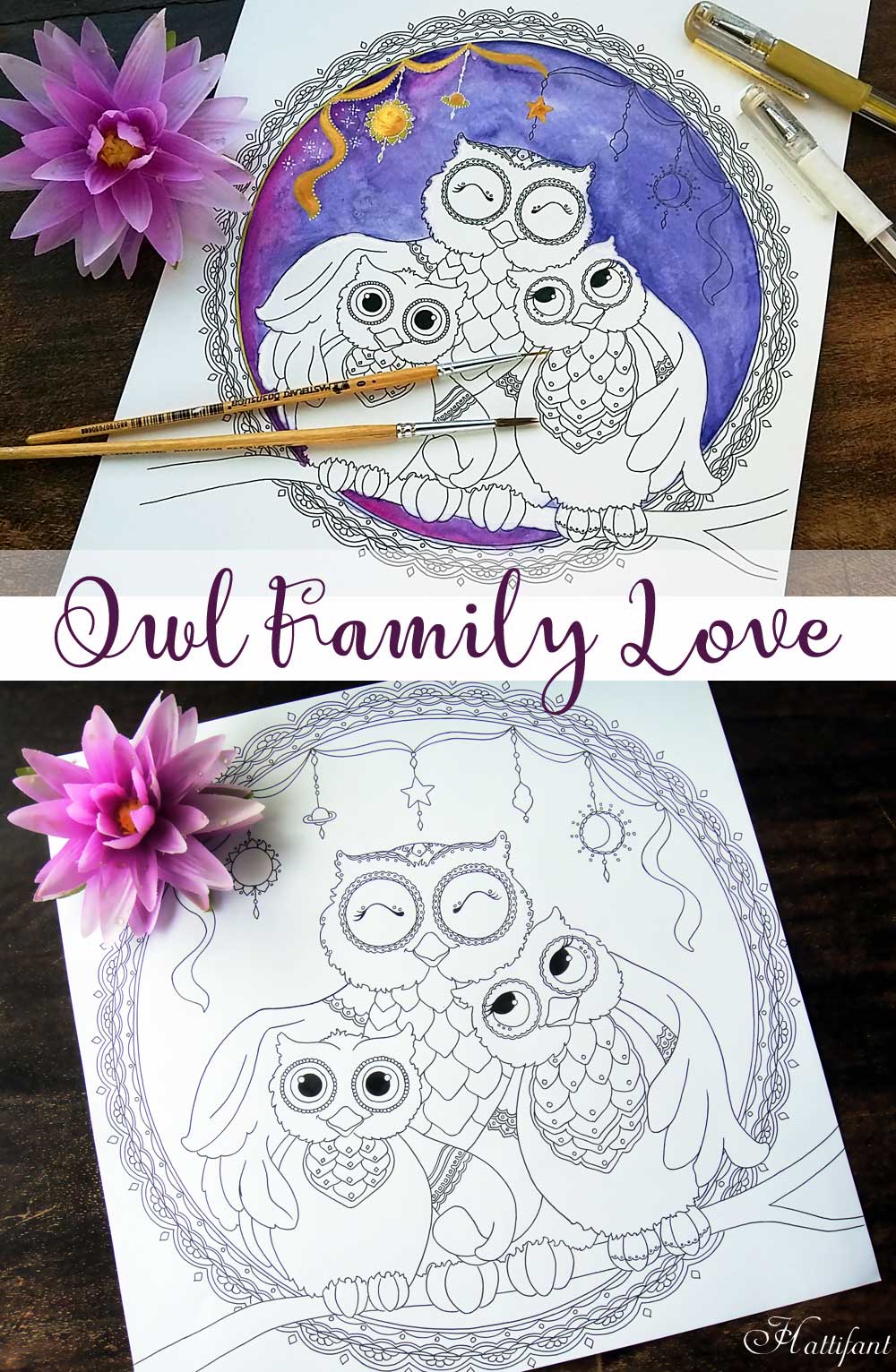 Owl family love coloring page