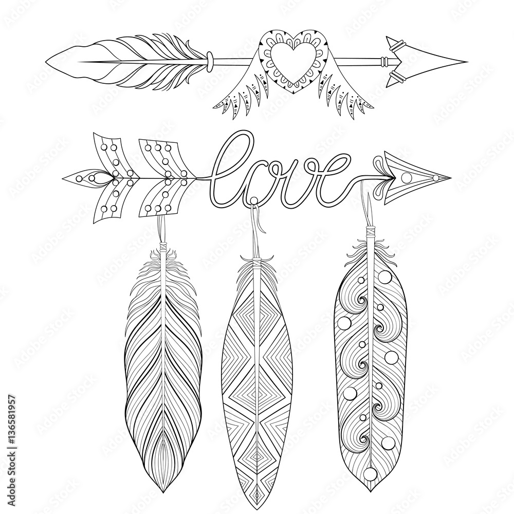 Bohemian love arrows set with feathers for adult coloring pages vector