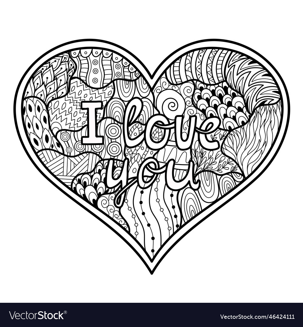 Doodle heart coloring page with i love you text vector image