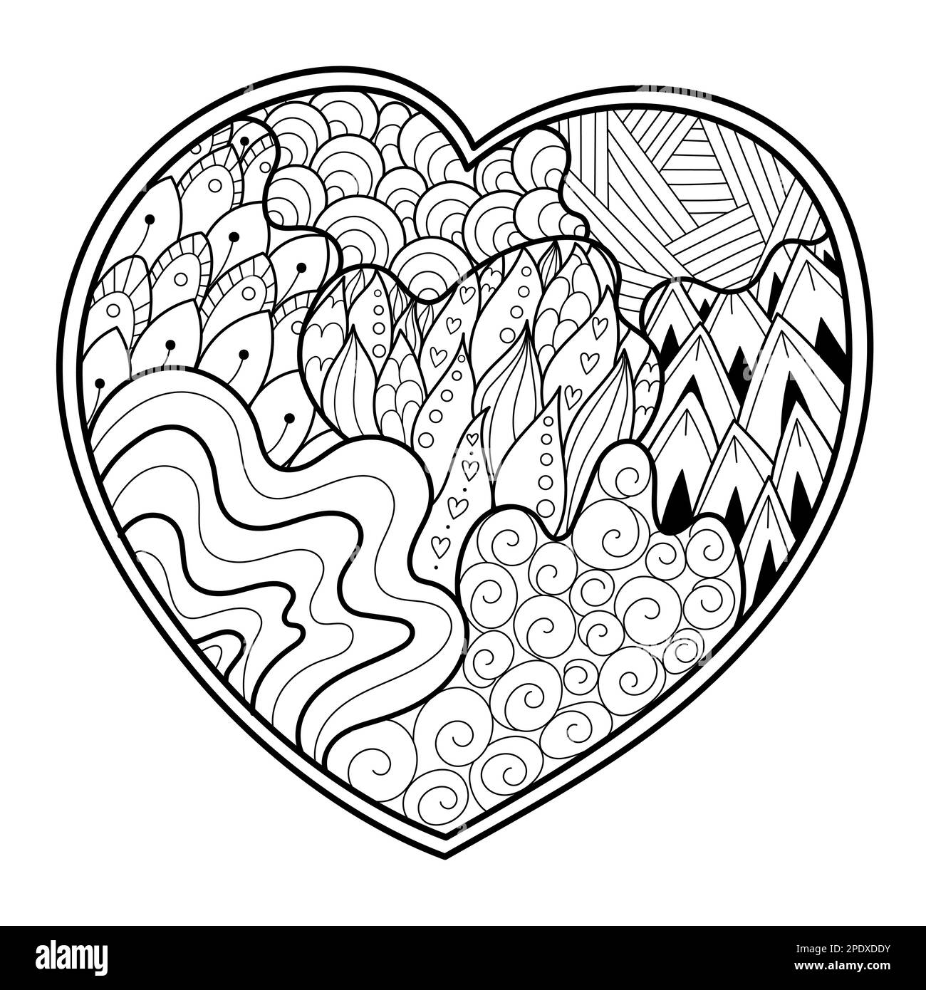 Doodle heart coloring page black and white love pattern for antistress coloring book stock vector image art