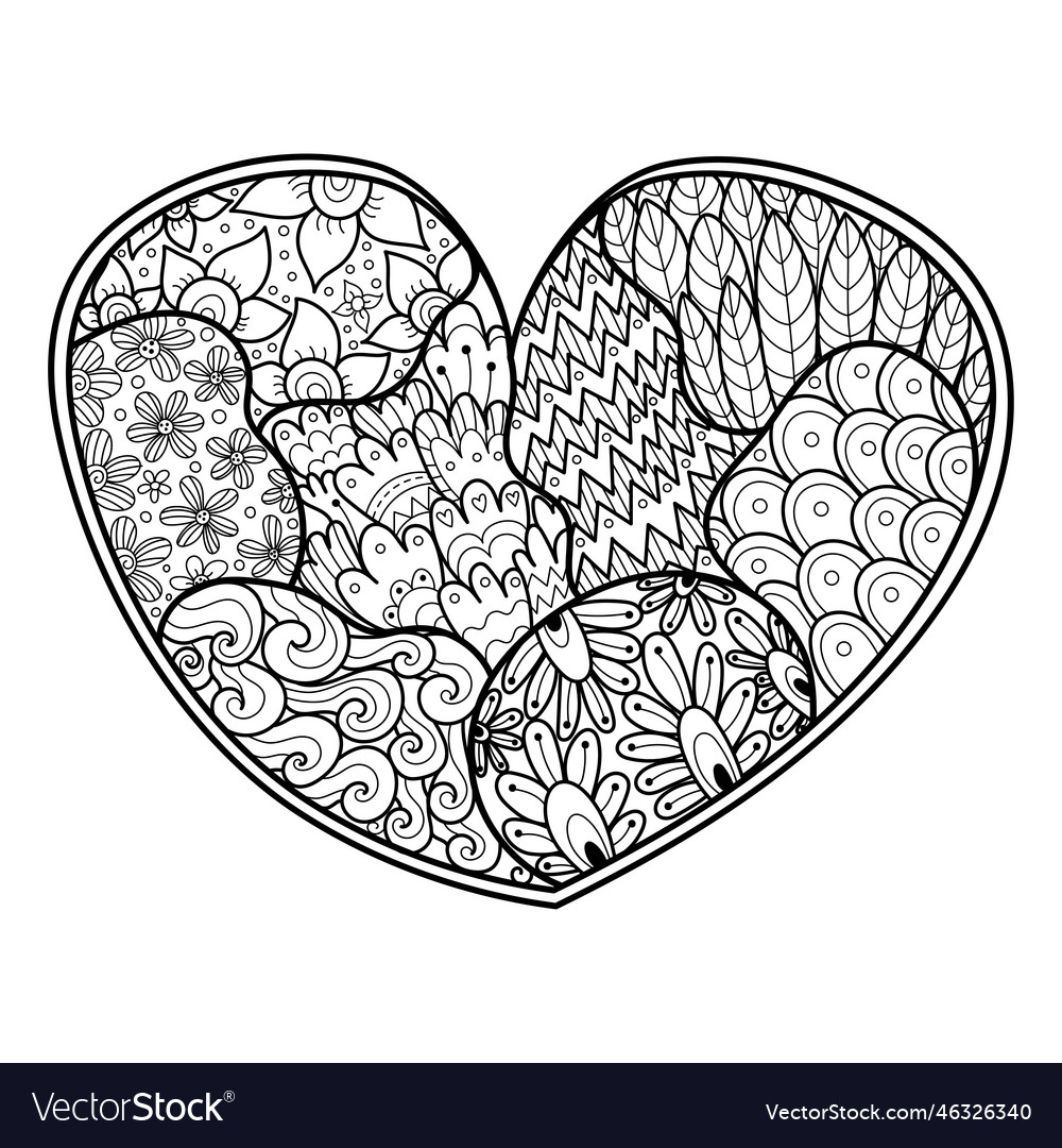 Doodle heart coloring page black and white love vector image