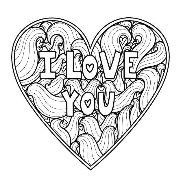 Premium vector i love you doodle heart coloring page black and white valentines day pattern for coloring