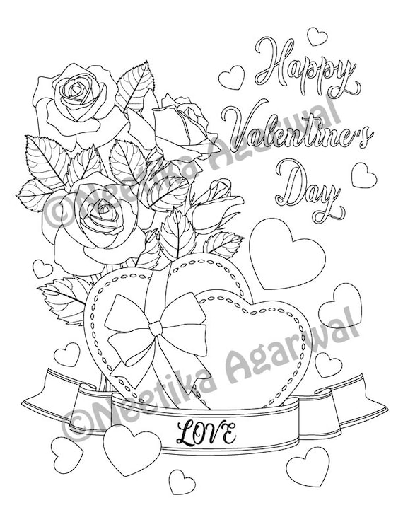 Valentine hearts and roses love adult coloring page valentines day coloring page printable coloring page digital download