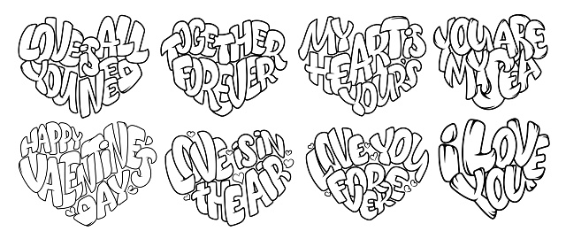 Coloring pages for adult design for wedding invitations and valentines day lettering in heart quote about love in bubble style stock illustration