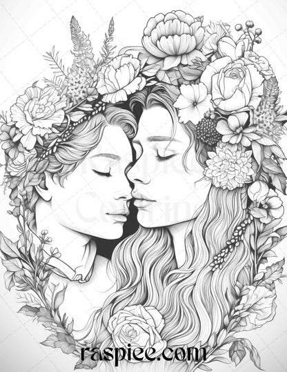 Romantic couple flowers grayscale coloring pages printable for adul â coloring