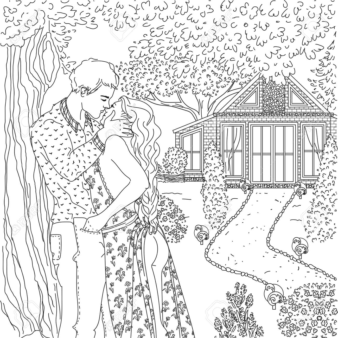 Romantic couple kissing under the tree coloring page intimate date vector illustration erotic coloring book for adults royalty free svg cliparts vectors and stock illustration image