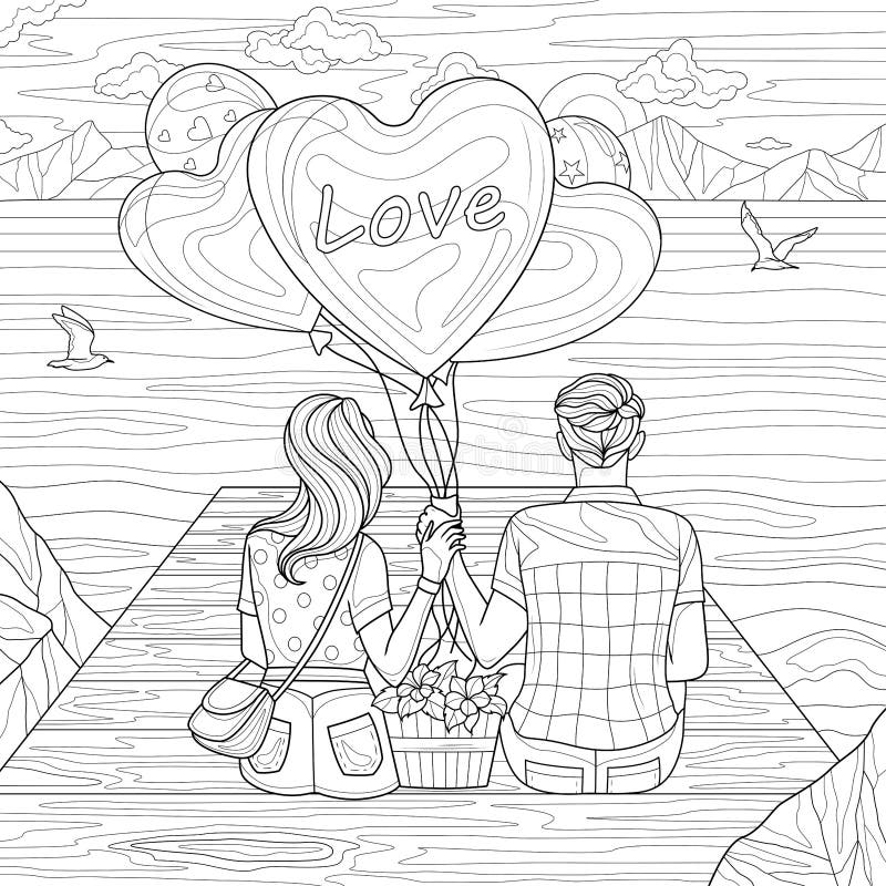 Girl hugs a guy in the mountains couple in love coloring book anti stress for children and adults stock vector