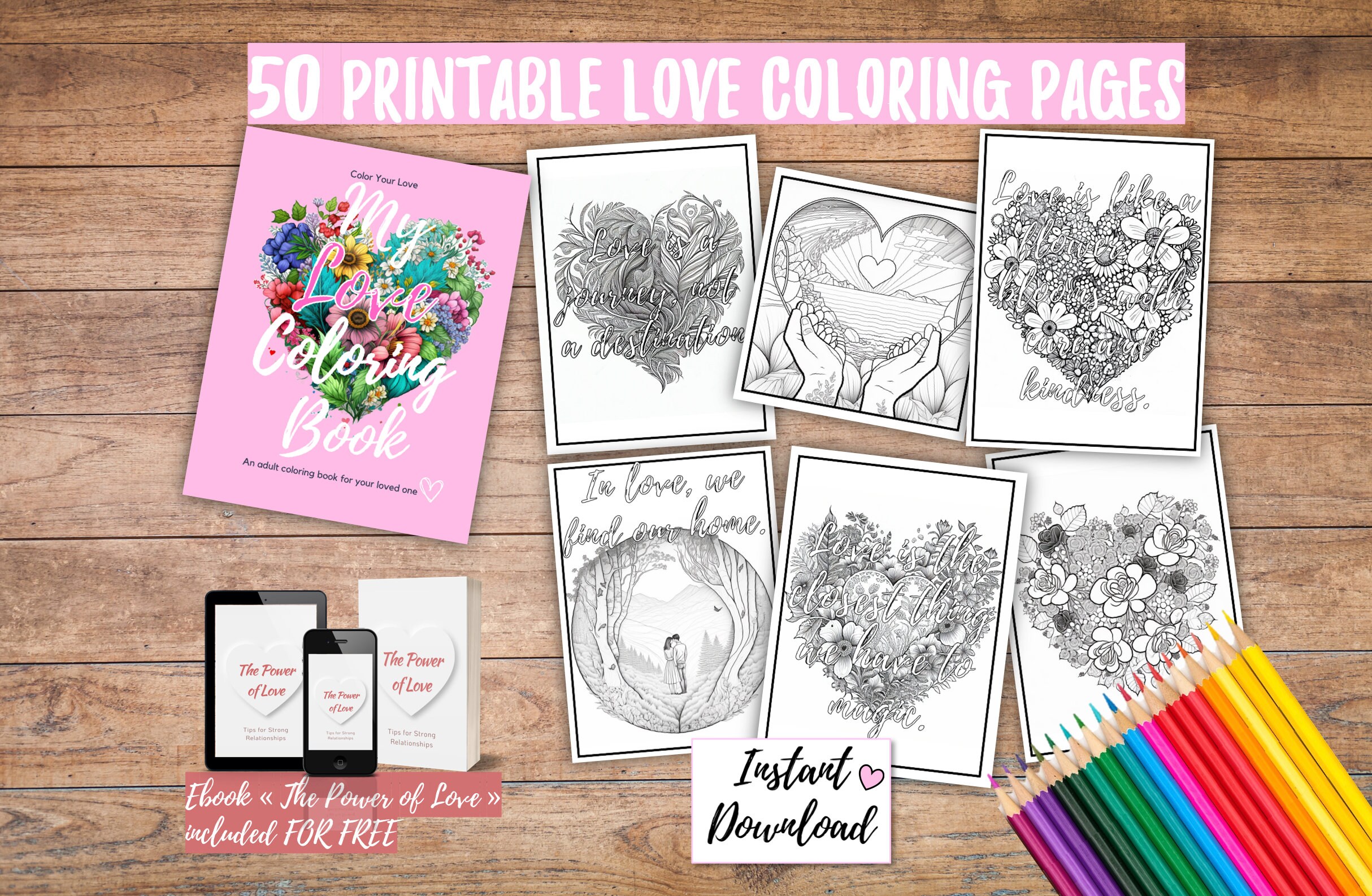 Instant download love coloring pages for adults and