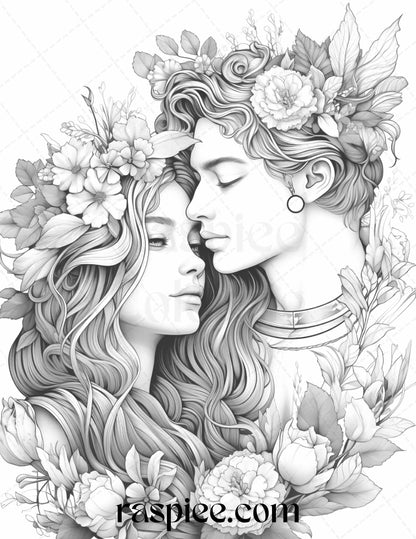 Romantic couple flowers grayscale coloring pages printable for adul â coloring
